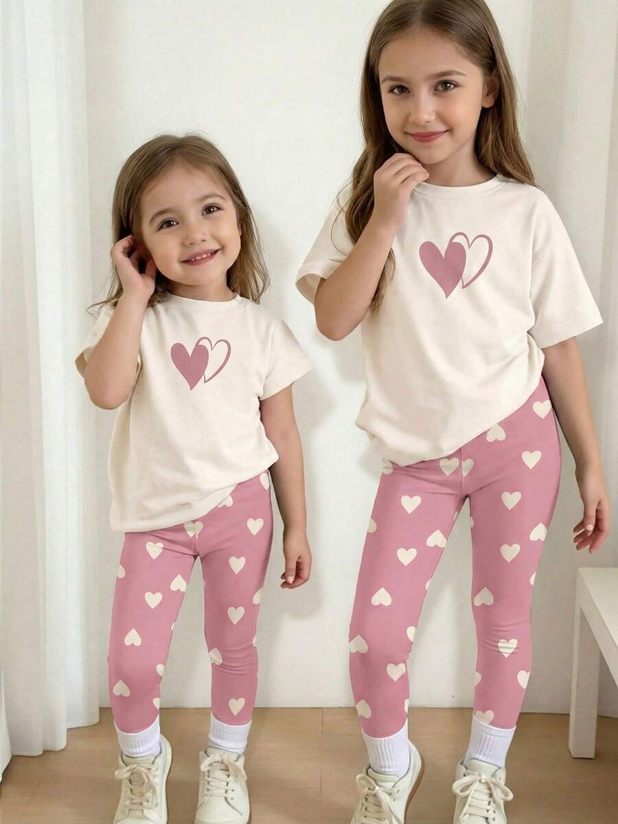 SHEIN Cream White & Pink, Sweet Minimalist Heart Pattern Print, Cute Deer Outfit, Baby Girl Casual Comfortable Soft Round Neck Short Sleeve T-Shirt And Leggings, Suitable For Spring/Summer Daily, Home, Vacation, Street, Party - Multicolor - View 1