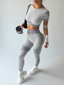 Slayform Slayform 女士条纹圆领短袖短款上衣和紧身裤运动套装健身女士套装 - 灰色 - 查看 4