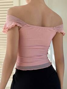 DAZY Women's Elegant Rhinestone Embellished Front Twist Ruched Off Shoulder Top, Summer - Pink - View 3