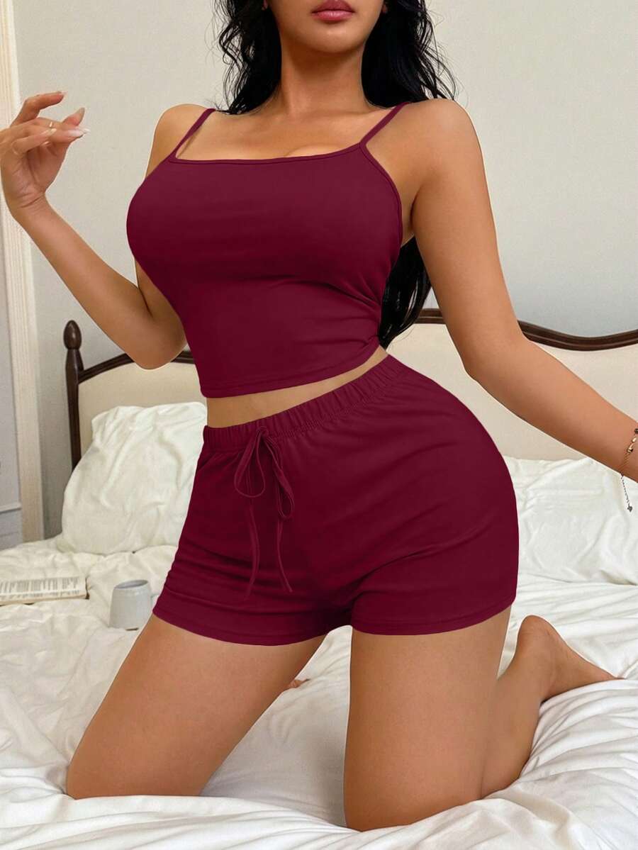 Casual Minimalist Camisole Women's Pajama Set - Burgundy - View 1