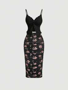 SHEIN MOD Fustă midi vintage neagră cu imprimeu, pliuri – perfectă pentru vacanță, întâlniri, picnic, petrecere, bal, festival și ziua de naștere; stil vintage romantic. - Negru - Vizualizare 7