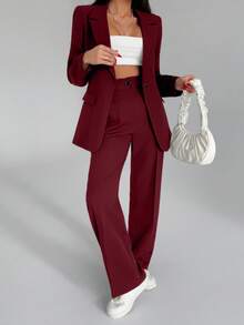 EURMUSE Bộ quần áo hai mảnh màu trơn dành cho nữ, gồm áo blazer và quần dài. - Màu Đỏ Sâu - Xem 5