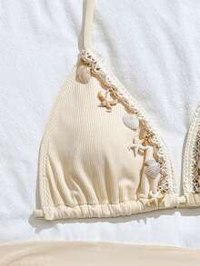 Sparklyn 少女杏色撞色荷叶边纹理面料蝴蝶结撞色粉色荷叶边蝴蝶结印花吊带背心、短裤、围裙三件套舒适泳装套装沙滩度假两件套比基尼带裙保守比基尼套装 - 米色 - 查看 5