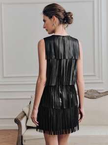 Anewsta黑色圆领流苏镂空无袖时尚优雅皮裙，适合情人节、春夏穿着 - 黑色 - 查看 7