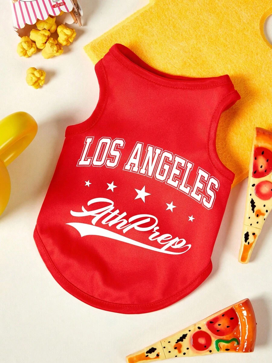 PETSIN 1pc White Letter Star Print Pet Vest, Red Skin Friendly Breathable Sports Style Pet Clothing