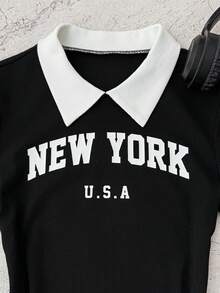 SHEIN 少女撞色 Polo 领罗纹针织修身迷你连衣裙，字母印花 - 黑與白 - 查看 4