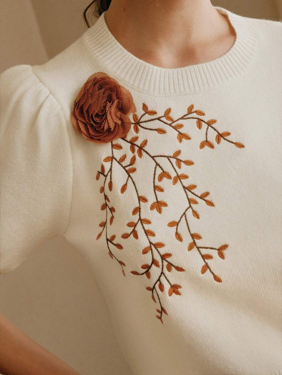 Anewsta Women's Round Neck Embroidered Puff Sleeve Knit Top - White - View 1