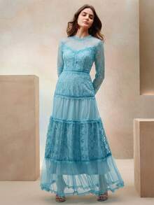Anewsta Vestido de estilo princesa con detalles de diseño, de malla transparente con encaje de contraste, calado y bordado en la cintura acampanada - Azul - Ver 2