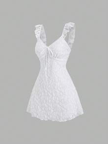 Sunnyshic Women's Sexy Low-Cut Lace Textured Floral Trim Elegant Romantic Date White Dress, Spring/Summer - White - View 4