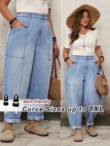 SHEIN CURVE+ 大码纯色简约休闲牛仔裤，适合情人节、度假、嘉年华、夏季、春季通勤、毕业典礼等场合，时尚百搭，Y2K风格，可爱街头风，适合派对、婚礼、商务休闲等场合，适合春夏情人节、嘉年华等场合，适合通勤、度假、毕业典礼等场合，时尚百搭，Y2K风格，可爱街头风，适合派对、婚礼、商务休闲等场合，适合身材丰满的女性，亲肤宽松版型，高腰浅色水洗牛仔裤，尺码最大至8XL - 藍色 - 查看 2