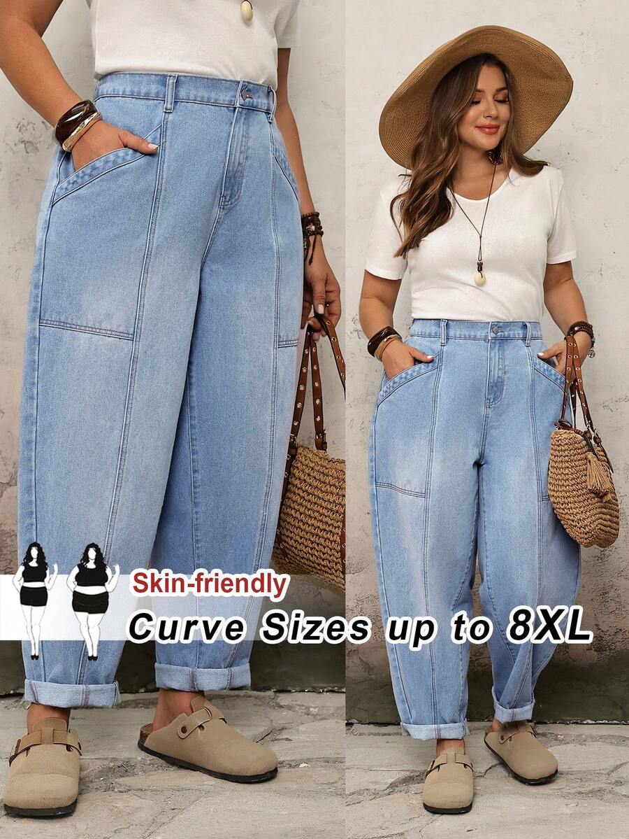 SHEIN CURVE+ 大码纯色简约休闲牛仔裤，适合情人节、度假、嘉年华、夏季、春季通勤、毕业典礼等场合，时尚百搭，Y2K风格，可爱街头风，适合派对、婚礼、商务休闲等场合，适合春夏情人节、嘉年华等场合，适合通勤、度假、毕业典礼等场合，时尚百搭，Y2K风格，可爱街头风，适合派对、婚礼、商务休闲等场合，适合身材丰满的女性，亲肤宽松版型，高腰浅色水洗牛仔裤，尺码最大至8XL