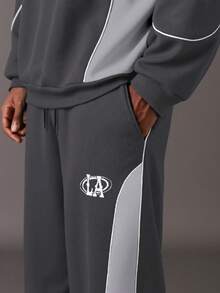 STYNVO 男士字母刺绣图案圆领长袖卫衣和口袋运动裤休闲套装，适合秋冬季外出穿着 - 灰色 - 查看 6