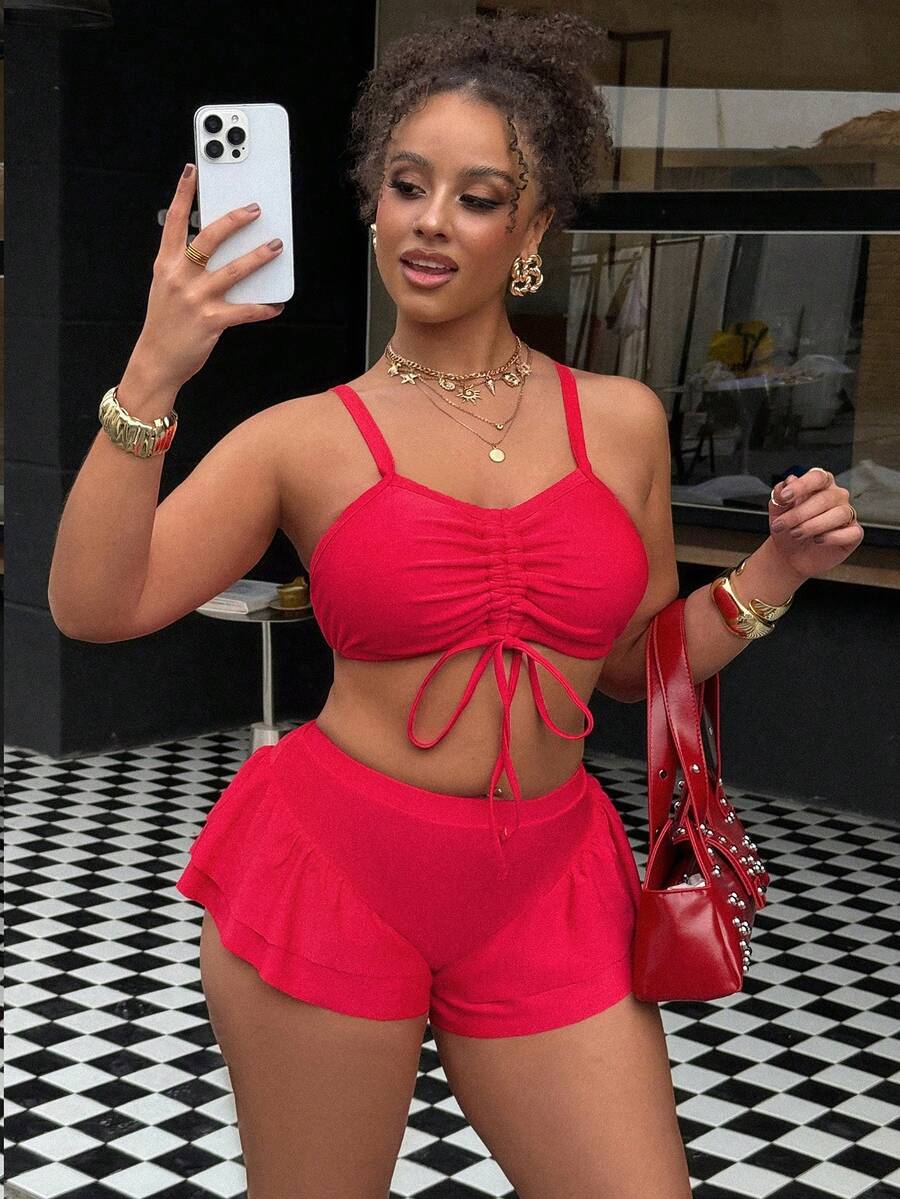 Swim Vcay Conjunto de Maiô Vermelho Sólido com Cordão Ajustável e Plus Size, Novidade de Verão 2026 - Vermelho - Visão 1