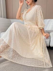 Modelyn Đầm dự tiệc cỡ lớn dành cho nữ, kiểu dáng thanh lịch, xếp ly, phối ren, đính cúc, thắt eo. - Màu be - Xem 5