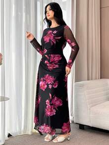 Modelyn 大码女式印花圆领长袖优雅连衣裙，侧腰处饰有3D立体花朵装饰 - 彩色 - 查看 8