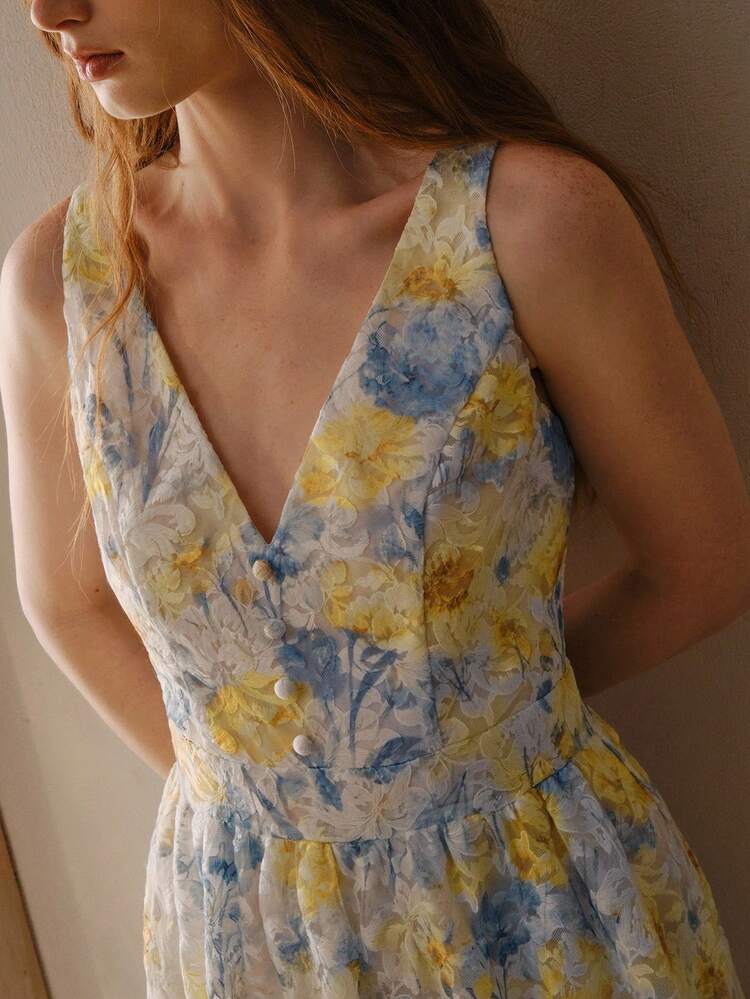 WOMEN'S V-NECK DITSY FLORAL WAIST CINCHED LONG DRESS