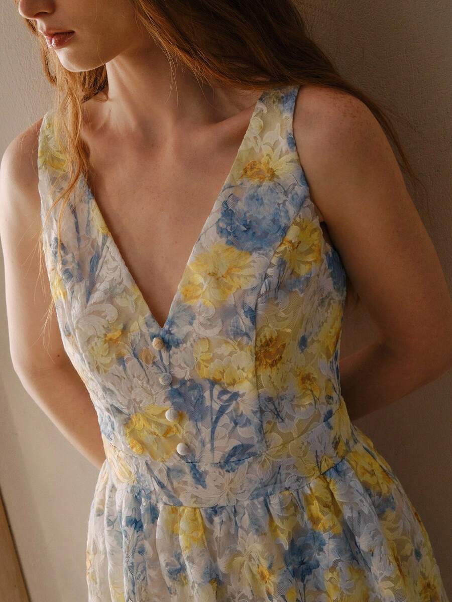 MOTF PREMIUM 女士V领碎花收腰长连衣裙 - 藍白色 - 查看 2