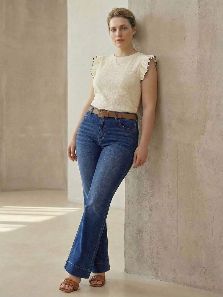 PLUS SIZE RUFFLE TRIM COMFORTABLE T-SHIRT, SPRING/SUMMER