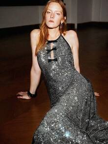 Arave 女士亮片V领露背优雅派对连衣裙 - 黑與白 - 查看 2