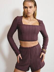 Aralina 2pcs Women Solid Color Lace Patchwork Square Neck Long Sleeve Top And Shorts Set - Burgundy - View 3