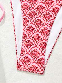 Bellisia Women's Retro Print Deep V-Neck Drawstring Ruched Backless Camisole & Tie-Side Triangle Bikini 2-Piece Swimwear Set, Spring/Summer - Multicolor - View 6