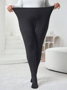 SHEIN CURVE+ Curve 尺码 US22 音乐节、海滨度假、波西米亚黑色网眼衬里保暖打底裤，秋冬季 - 深灰色 - 查看 3