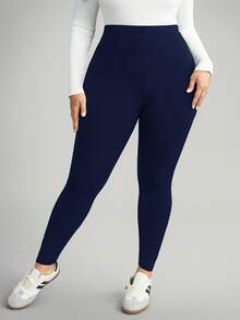SHEIN CURVE+ Plus Size Women's Casual Solid Color Leggings, Versatile & Minimalist, Suitable For Work/Office, Gym, Autumn/Winter Thermal Tights - Navy Blue - View 5