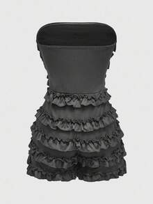 ROMWE Grunge Punk Mono mini con volantes multicapa de color negro sólido estilo Harajuku chic para mujer de talla grande - Gris Oscuro - Ver 4