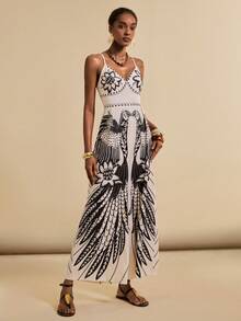 SHEIN Veneréa 女士夏季沙滩V领无袖吊带露背蝴蝶结波西米亚风印花连体裤，搭配阔腿裤 - 彩色 - 查看 5
