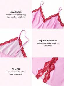 LUVLETTE Plus Size Sexy Silky Satin Luxurious Lace Trim Pink V-Neck Strappy Camisole Loungewear Slip Dress Airy Nightdress Lingerie Valentine's Day Gifts - Pink - View 3