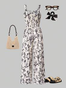SHEIN ChillGRL Bộ áo liền quần dệt kim in họa tiết vintage dành cho bé gái tuổi teen của Streecool Kids, kiểu dáng quần yếm ống rộng thoải mái, phù hợp để mặc hàng ngày vào mùa xuân/hè. - Màu be - Xem 2