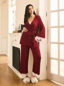 Moireta Elegant Lace Trim Flare Sleeve Pants Women Pajama Set, Charming For Valentine's Day - Burgundy - View 4