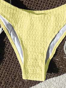 Swim Mod 2026 Spring/Summer Women's Spaghetti Strap Halter Unique Fabric Blue Sexy Vacation Side High Cut Bikini Swimsuit 2-Piece Set Triangl Bikini Textured Bikini Bikini Set Summer Butter Yellow Bikini Lemon Bathing Suit Lemon Bikini Yellow Bikini - Light Yellow - View 4