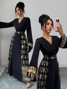 Rafferiza 方领褶裥优雅雪纺长裙，黑色金箔花卉印花，长袖，优雅浪漫，女士秋冬/春季连衣裙 - 黑色 - 查看 3