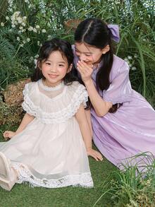 DAZY Girls (Small) Lace Korean Style Casual Round Neck Ruffle Trim Dress - White - View 8