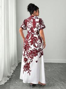 Elenzga Damen Große Größen elegantes Retro-Muster Taillengürtel Puffärmel Hemdkleid, Frühlings-/Sommer-Resort-Kleid - Bordeaux - Übersicht 2