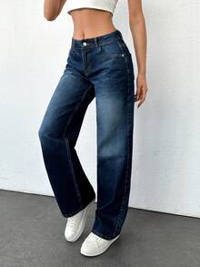 EURMUSE Low Waist Straight Cut Jeans - Dark Wash - View 5