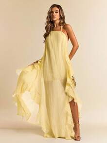 SHEIN BAE 黄色不对称肩部荷叶边下摆长款沙滩连衣裙，夏季度假连衣裙 - 黃色 - 查看 4