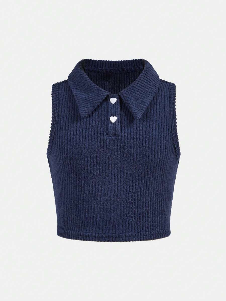 SHEIN Girlism 少女优雅翻领爱心纽扣针织罗纹无袖背心，夏季 - 藏蓝色 - 查看 1