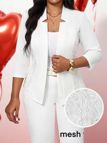 SHEIN Lady Eleganter Pendler-Blazer in Große Größen mit Spitzeneinsätzen, Frühlingsoberteil zum Valentinstag, elegant für Party, Abschlussfeier, Frühling, Lässig für Frauen, Abschluss, Frauen Valentinstag, Sommer, weißer Anzug für Frauen - Weiss - Übersicht 5