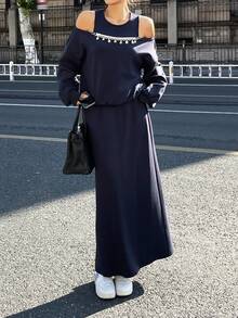 DAZY 女士休闲露肩上衣和半裙两件套 - 藏蓝色 - 查看 4