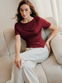 Anewsta Áo thun ngắn tay nữ màu trơn, kiểu dáng thường ngày, đa năng, phù hợp đi làm. - Màu Đỏ Sâu - Xem 6