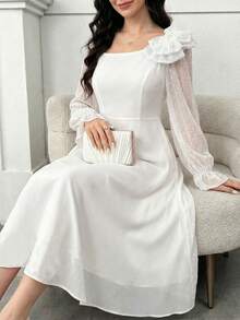 Elegant Puff Sleeve Waist Ruffle Hem Long Sleeve Wedding Dress For Teen Girls - White - View 1
