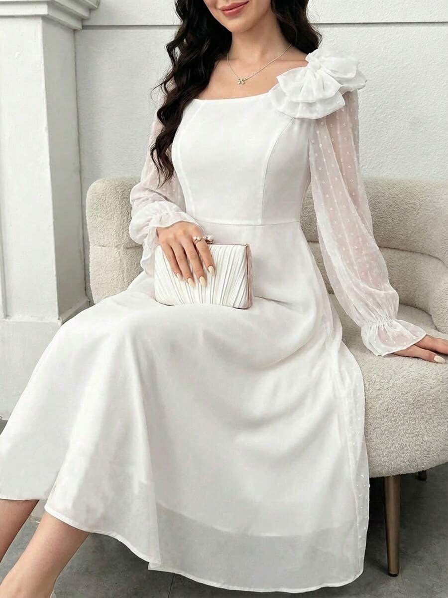 Elegant Puff Sleeve Waist Ruffle Hem Long Sleeve Wedding Dress For Teen Girls - White - View 1