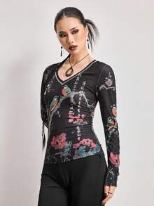 ROMWE Avant Camiseta ajustada con caracteres chinos y adornos de strass vintage Y2K - Negro - Ver 5