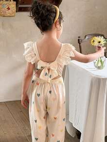 LMoss Kids 少女心形印花荷叶边领休闲连体裤 - 彩色 - 查看 1