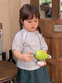 DAZY 女童圆领波点卡通印花蕾丝拼接长袖上衣，春夏款 - 灰色 - 查看 1