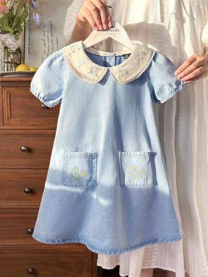 SHEIN Vintaside Kids 女童牛仔布连衣裙，花卉刺绣图案，乡村风格，时尚优雅，适合春、夏、秋过渡季节穿着