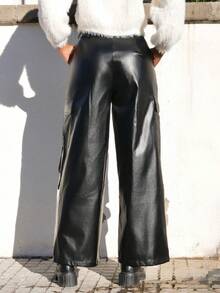 Yess Loren 女款 Rapper 基本款运动休闲皮革黑色工装裤