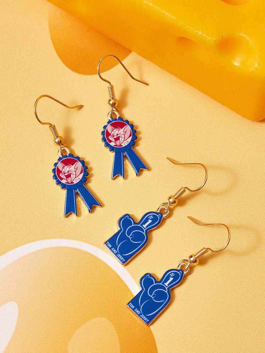 TOM & JERRY X SHEIN Cartoon Element Printed Zinc Alloy Stud Earrings, Luxurious Niche, Casual Chic, Suitable For Various Parties, Concerts, Festivals - Blue - View 1